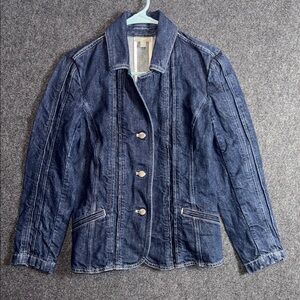 J. Jill Women Dark Wash Denim Pintuck Jacket 4P Petite Blue Button Front Blazer
